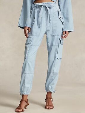 Polo Ralph Lauren Cotton Twill Cargo Pants Size L Light Blue Denim Look Tie Belt